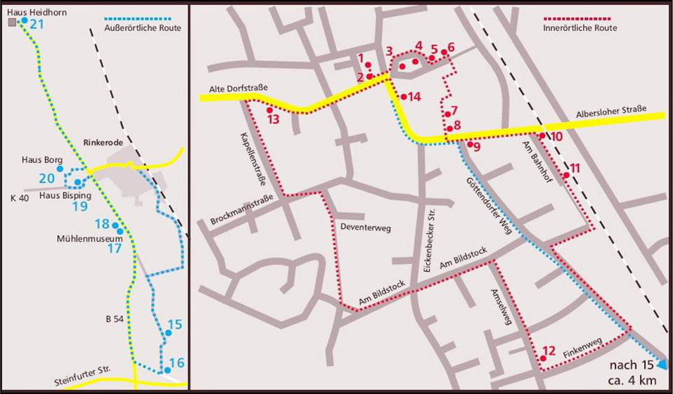 Route mit den Stationen des historischen Ortsrundgangs Rinkerode